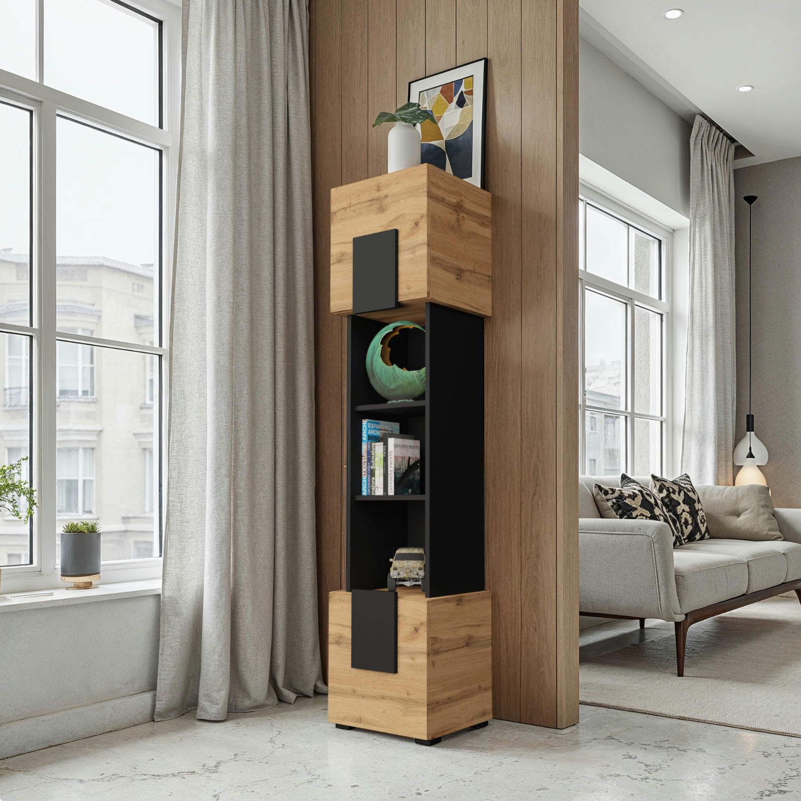 HIGHBOARD TORINO Hängend + Stehend, Mattes Finish, Schwarz + Eiche Wotan - Eiche Wotan/Schwarz, Holzwerkstoff/Kunststoff (39/172/35cm) - Komodee