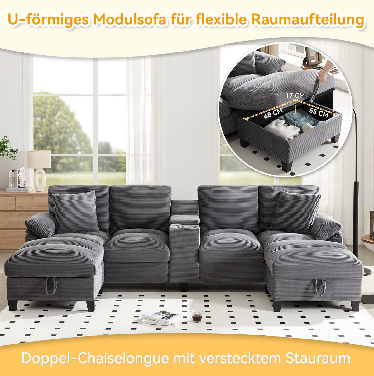 WOHNLANDSCHAFT U-Form Cord mit Stauraum und USB-Anschluss 293/142/93 cm Grau - Grau, Kunststoff/Textil (93/293/142cm) - Redom