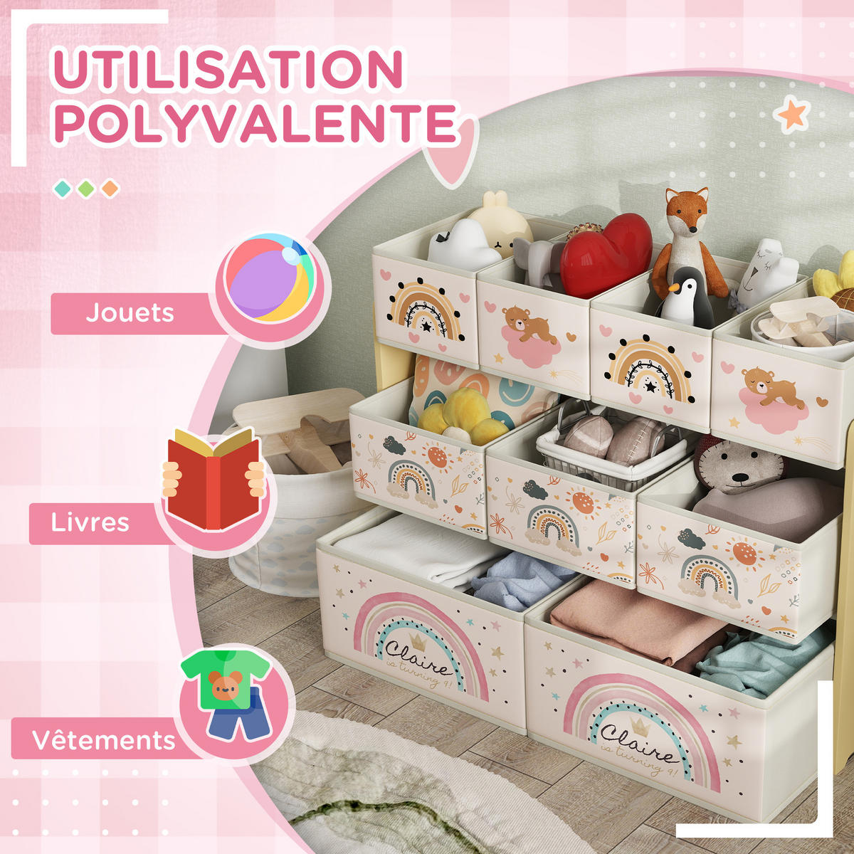 KINDERREGAL DE-17249 3 Ebenen mit 9 Aufbewahrungsboxen Gelb - Gelb, Textil (93/70/30cm) - ComfortXL