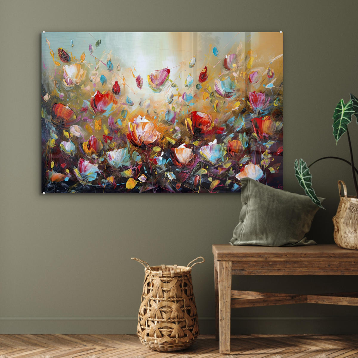 ACRYLGLASBILD Blumen - Kunst - Natur - Ölgemälde 90x60 cm - Multicolor, Glas (90/60cm) - MuchoWow
