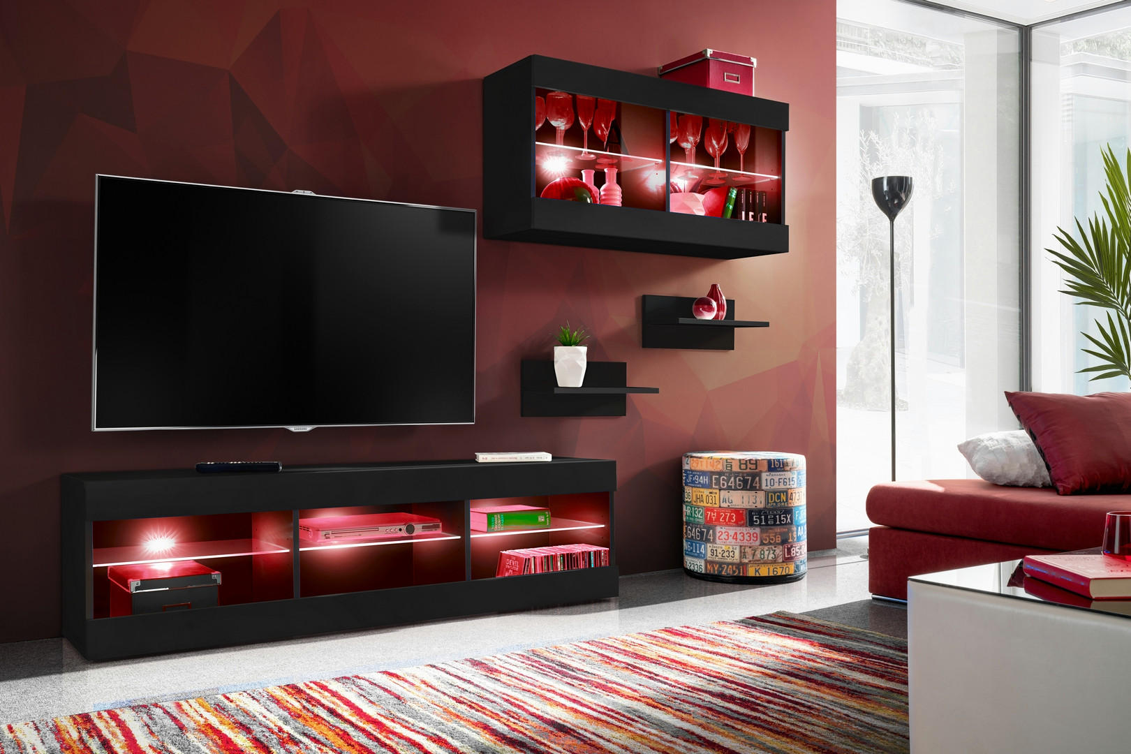 WOHNWAND 4-er Set, TIVOLI SET3 mit mehrfarbige LED RGB Beleuchtung Schwarz + Schwarz, Offener Raum - Eiche Wotan/Schwarz, Glas/Holzwerkstoff (240/195/35cm) - Komodee