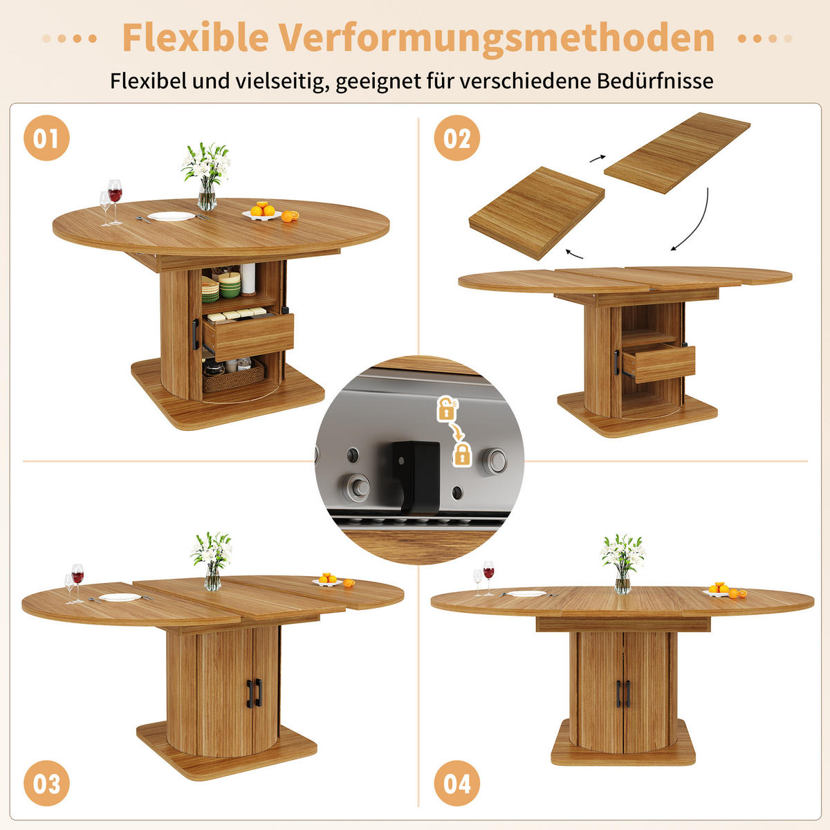 ESSTISCH in Holzoptik Runder Küchentisch mit 118-158 ausziehbarer Tisch und Schubladen, 118-158/118/76cm - Naturfarben, Holzwerkstoff (118/118/76cm) - STILVORA