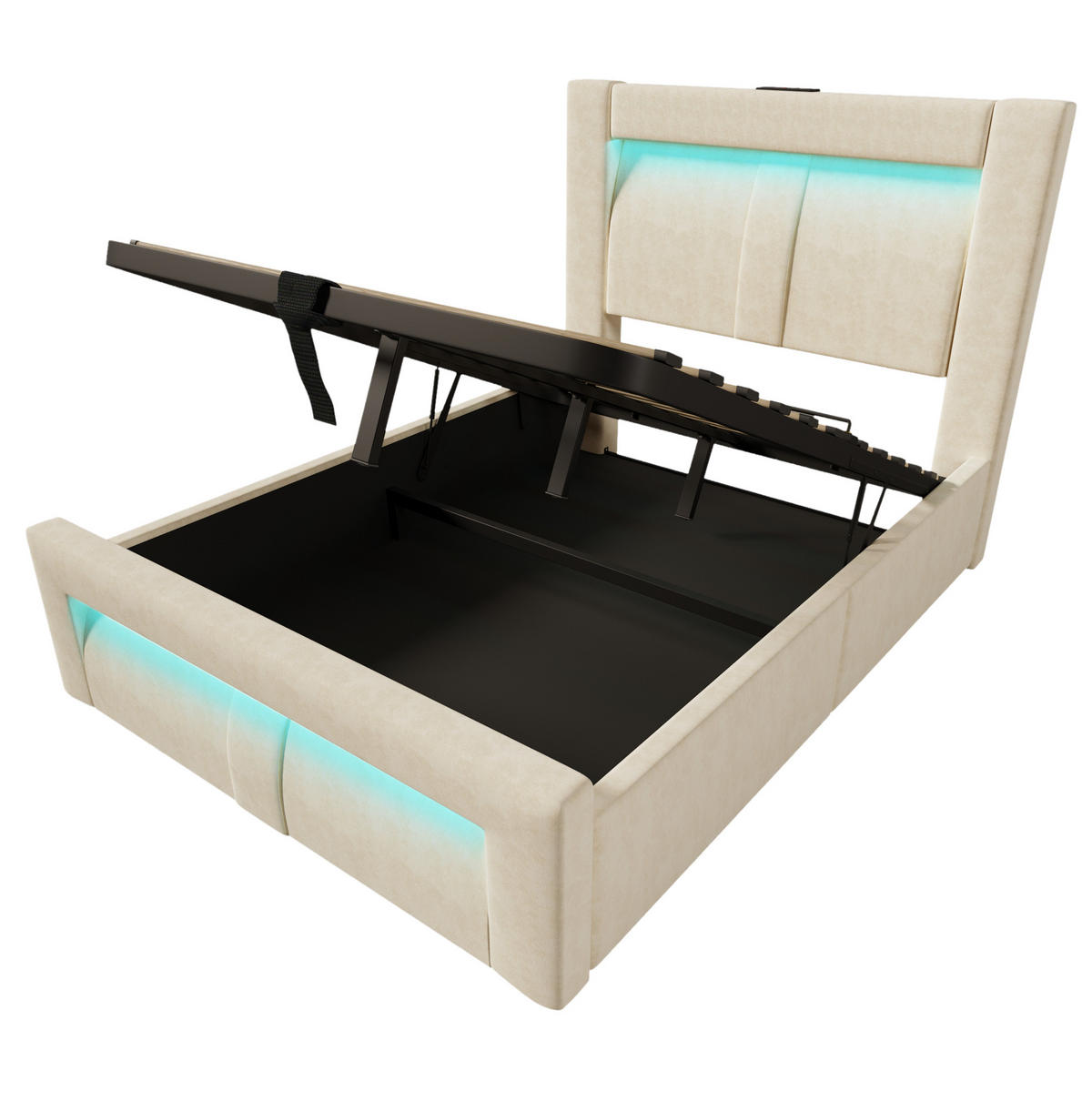 POLSTERBETT 90/200 cm Beige aus Samt mit LED und Stauraum mit Matratze - Beige, Textil (90/200cm) - OKWISH