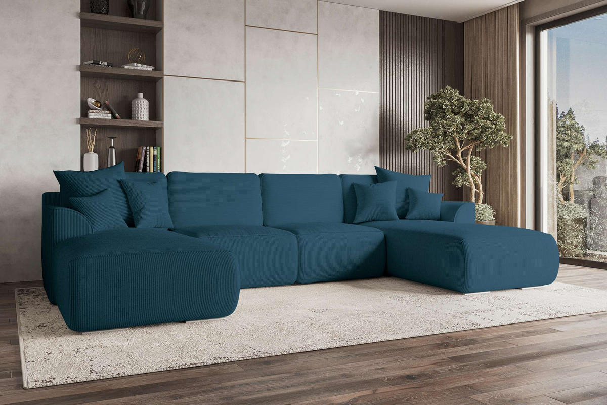 WOHNLANDSCHAFT GUSTO Cordstoff Blau inkl. Schlaffunktion - Blau/Chromfarben, Kunststoff/Textil (306/96/194cm) - 99rooms