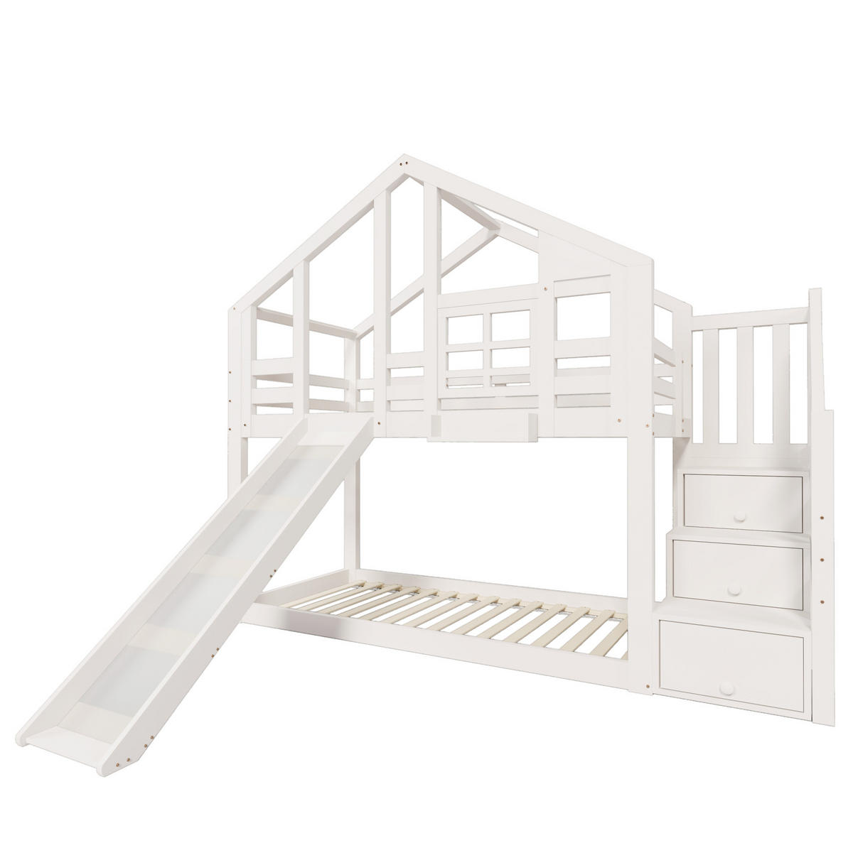 ETAGENBETT aus Kiefer-Massivholz und MDF 90x200 cm in Weiß mit Rutsche & Treppe - Weiß, Holzwerkstoff (90/200cm) - Modfu