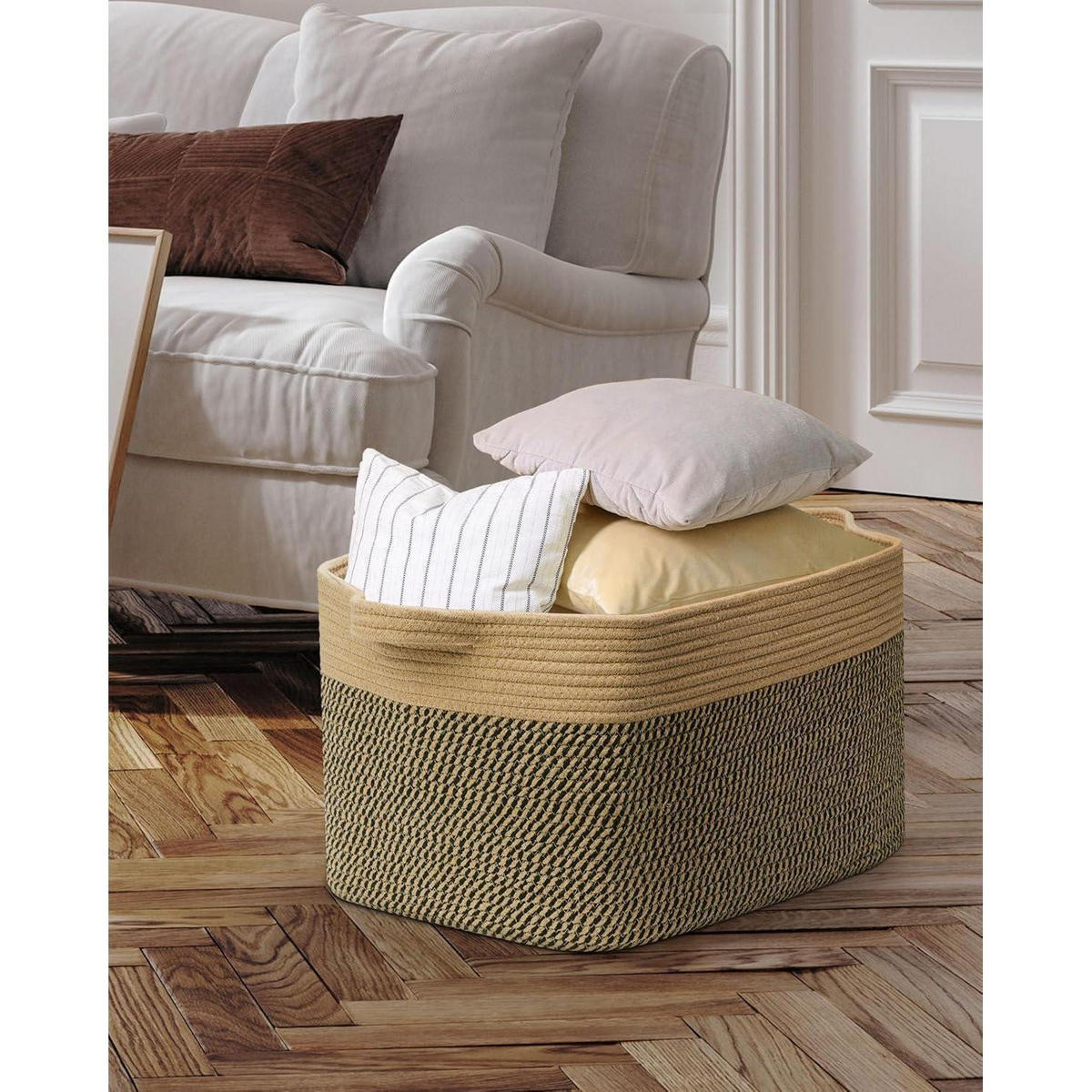 WÄSCHEKORB 2-teiliges Set Baumwolle 63L Jute & Schwarz - Multicolor, Naturmaterialien (55/38/30cm)