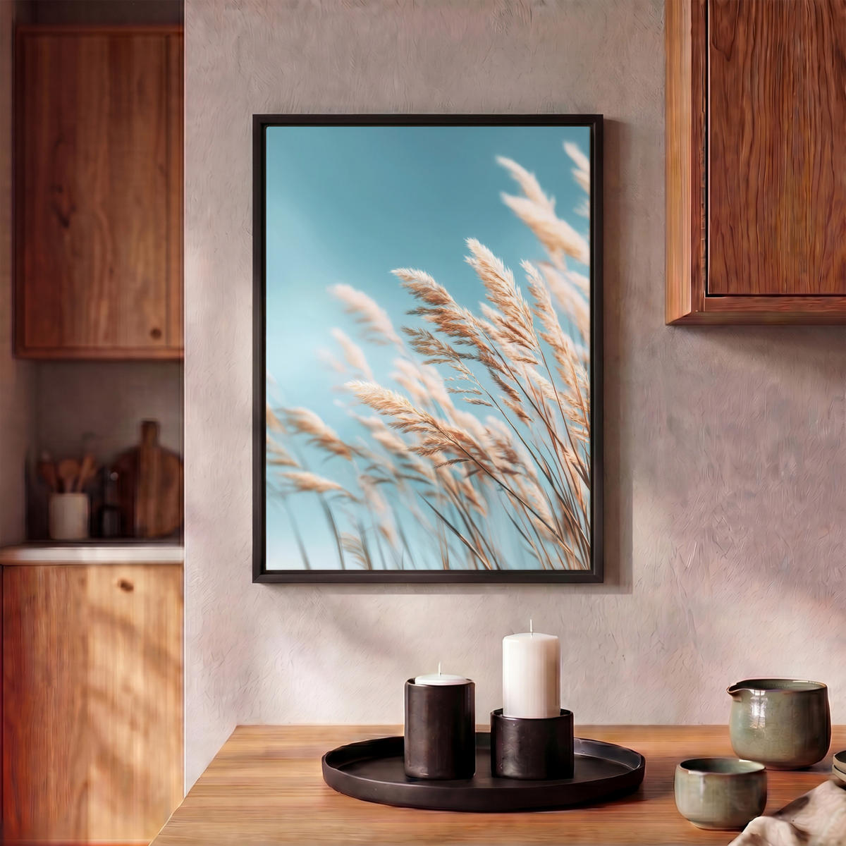 LEINWAND Bilder mit Rahmen - Ziergras - Wind - Hellbraun - 30x40 - Hellblau, Textil (30/40cm) - MuchoWow