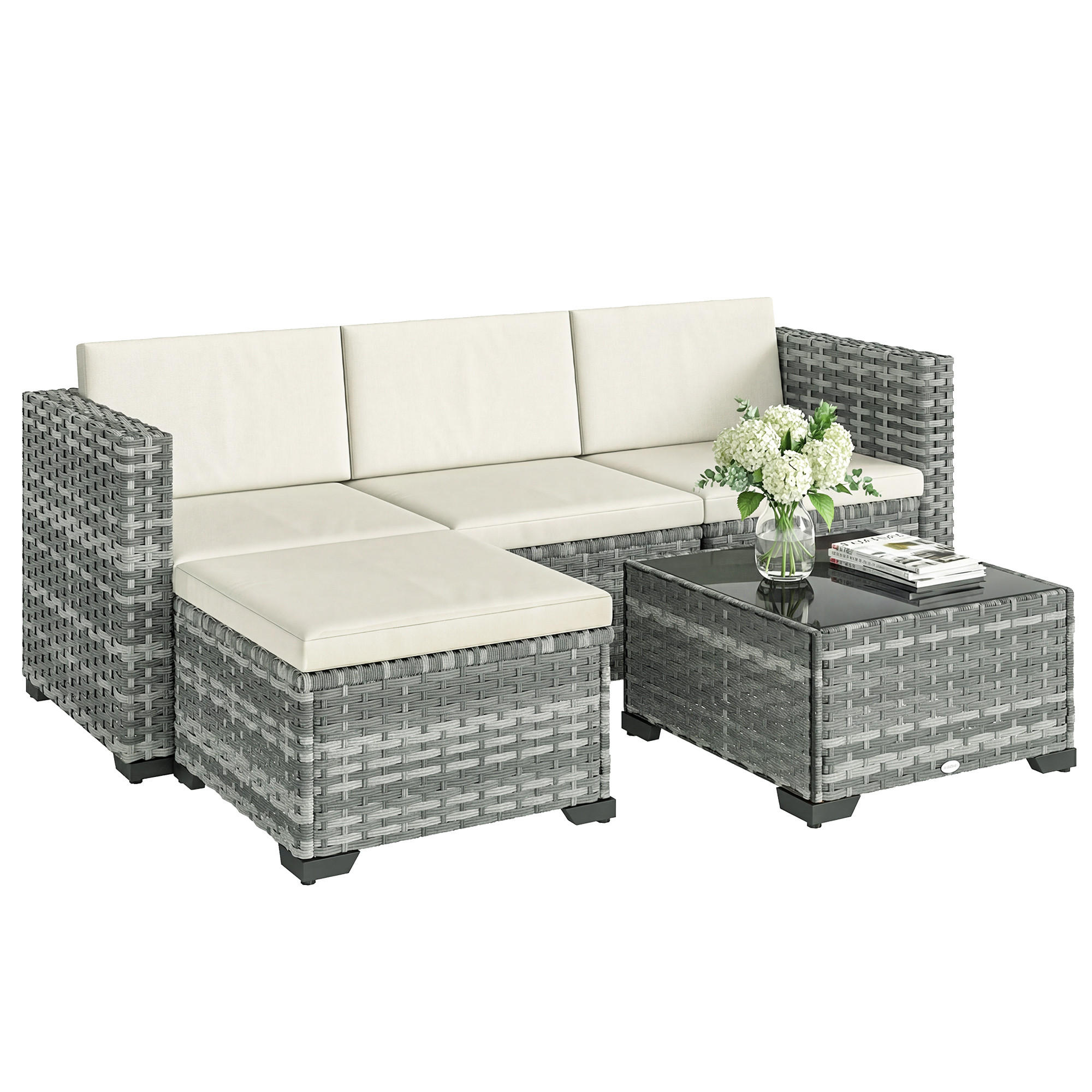 GARTENMÖBEL-SET 5-teilig DE-06773 Ecksofa mit Tisch Grau/Cremeweiß - Grau, Kunststoff/Metall - ComfortXL