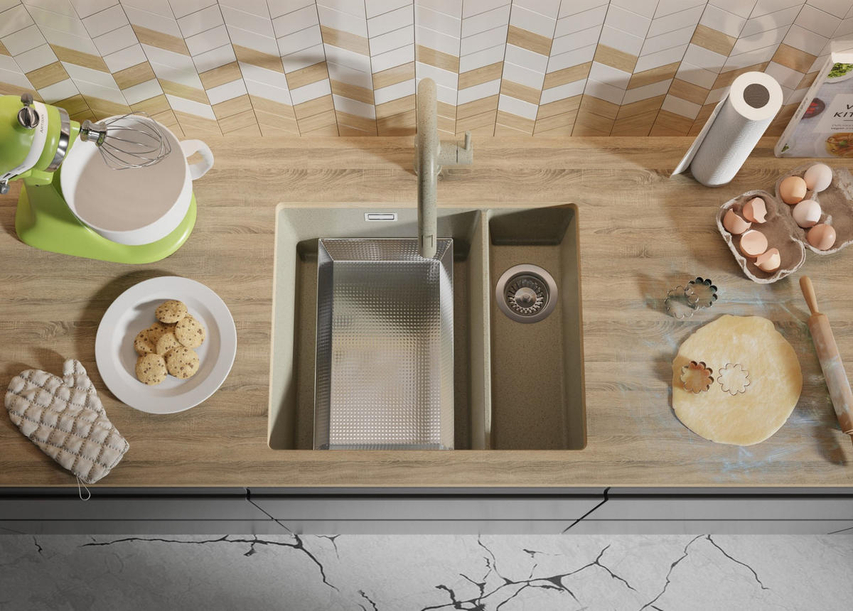 UNTERBAUSPÜLE GRANIT London Duo, 2-er set Beige 56/47 cm 1,5 Becken + Ablauf-Set ab 60er Unterschrank - Chromfarben/Beige, Kunststoff (56/20/47cm) - Primagran