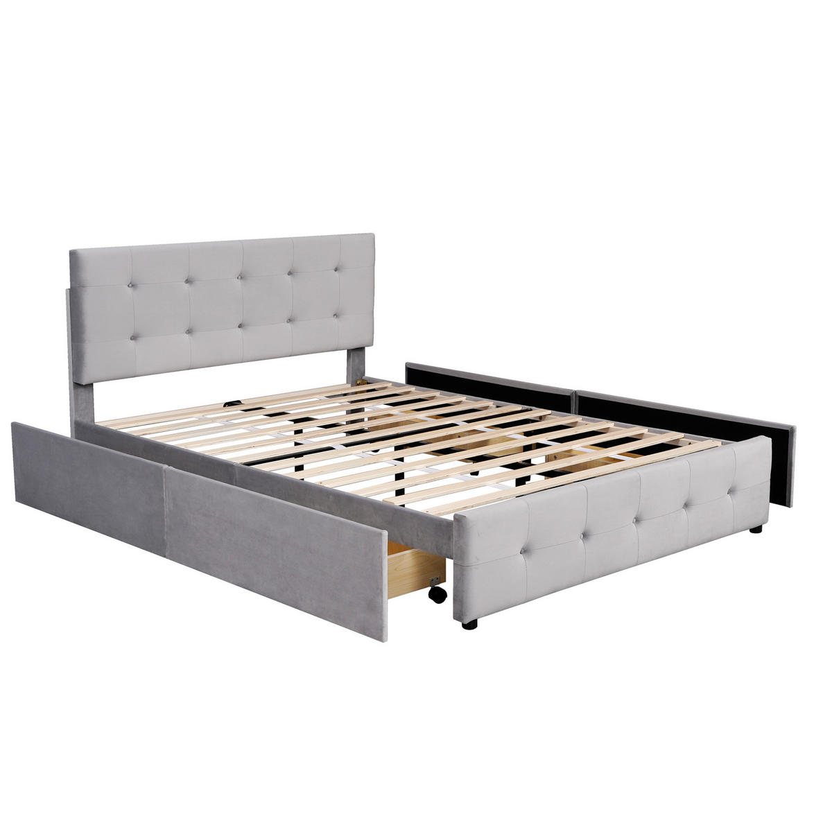 POLSTERBETT aus Samtstoff Grau mit 4 Schubladen und Lattenrost - Grau, Textil (140/200cm) - IVMEU