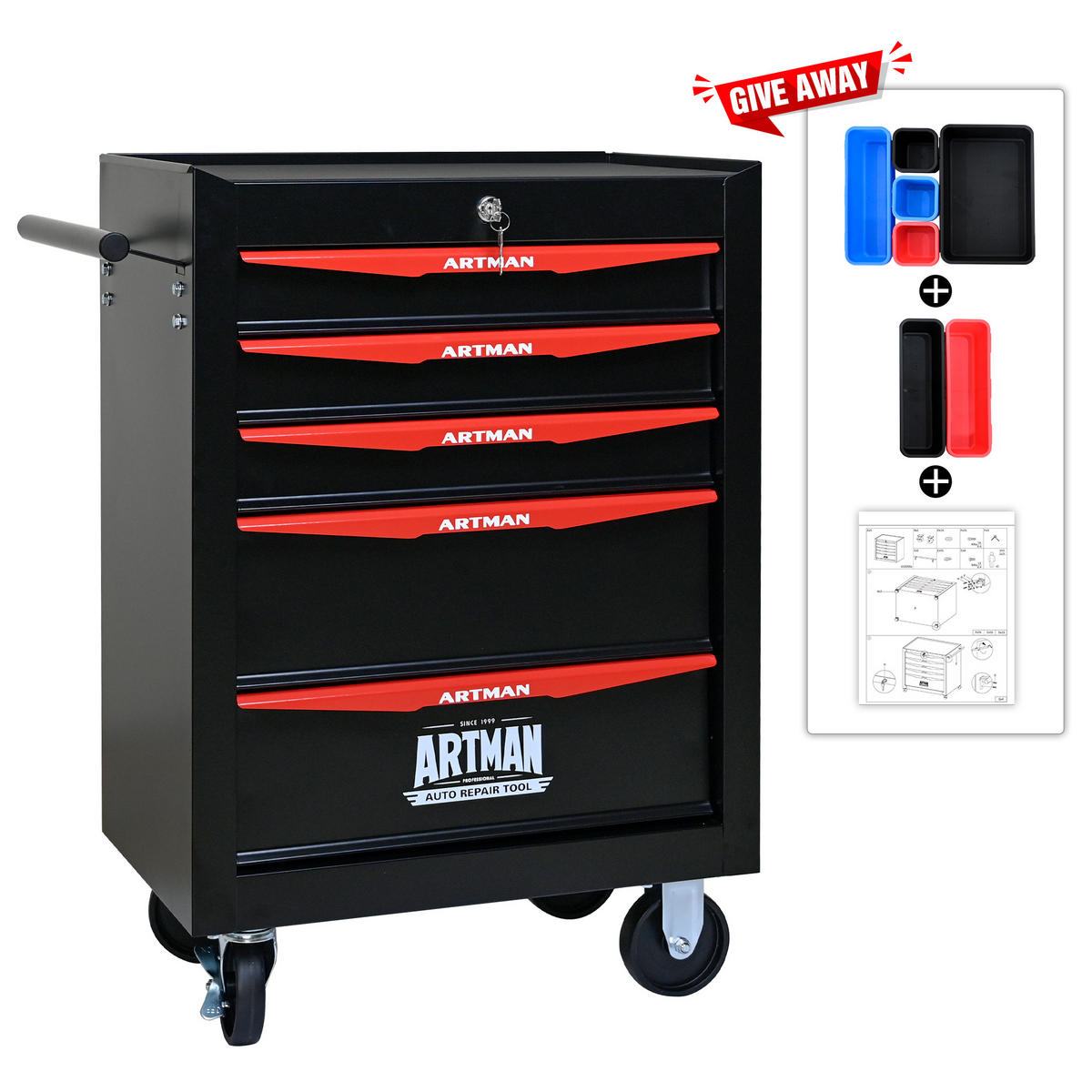KOMBINATIONS-WERKZEUGSCHRANK – 5 Schubladen – 508 mm (20 Zoll) – Farbgebung: Schwarz und Rot - Multicolor, Metall (33/77.5/60cm) - DCA
