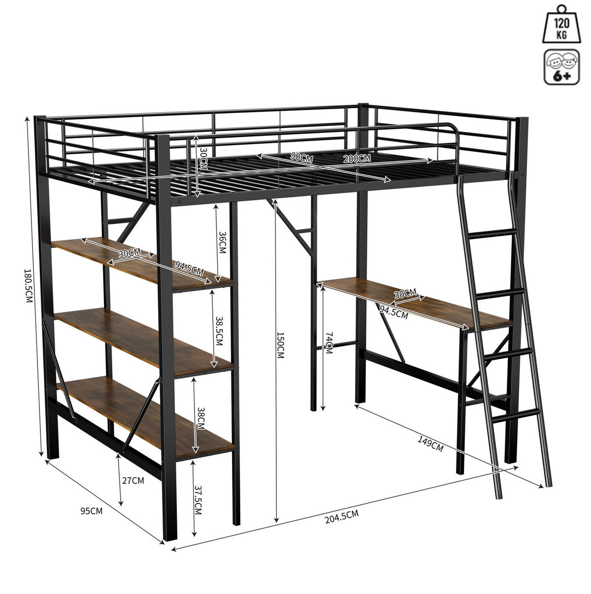 HOCHBETT 90/200 cm aus Metall und MDF mit Schreibtisch und 3 Ablagen Schwarz - Schwarz, Metall (90/200cm) - Modenvie