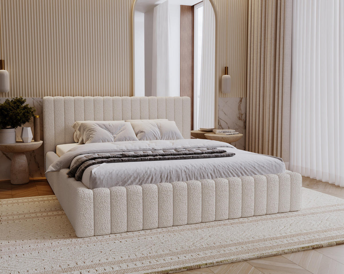 POLSTERBETT 160x200 Billo mit Bettkasten, Boucle Creme - Creme, Holz/Textil (160/200cm) - Emporius