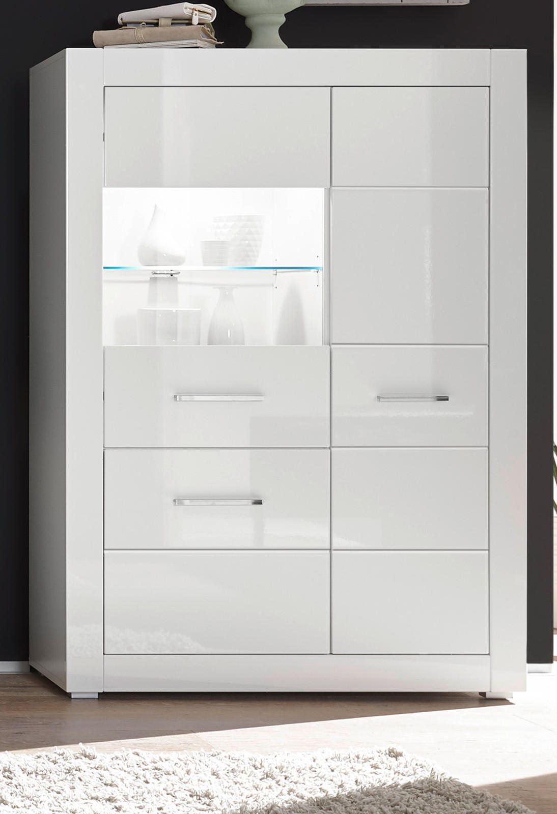 VITRINE weiß Hochglanz 100 cm, Highboard mit Metallgriffen - Weiß Hochglanz/Silberfarben, Glas/Holzwerkstoff (100/142/35cm) - Furn.Design