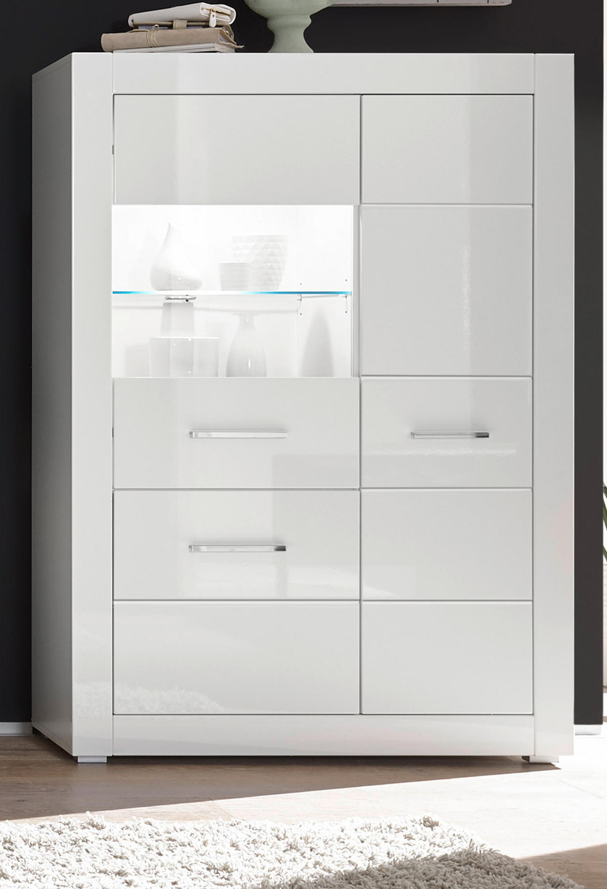 VITRINE weiß Hochglanz 100 cm, Highboard mit Metallgriffen - Weiß Hochglanz/Silberfarben, Glas/Holzwerkstoff (100/142/35cm) - Furn.Design