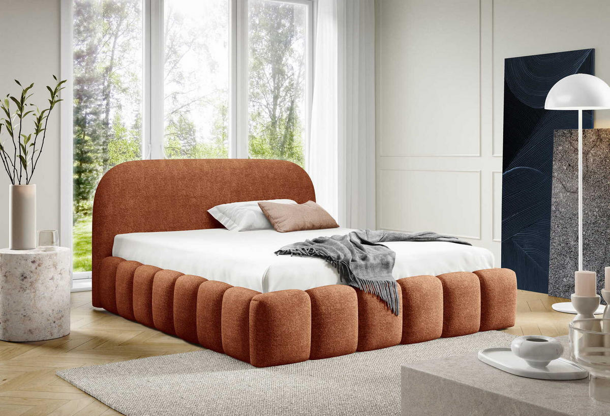POLSTERBETT 200x200 Noemi, runde Kopfteil, Bettkasten, Samtstoff, Orange - Orange, Holz/Textil (200/200cm) - Emporius