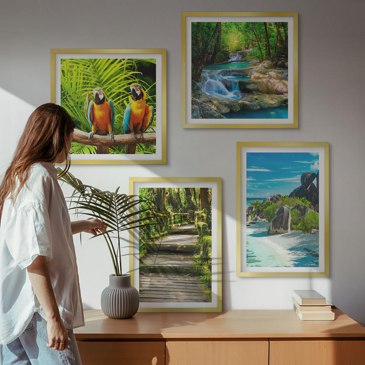 WANDBILDER 4er Set - 50x50 cm & 40x60 cm Goldrahmen - Tropischer Wald Papageienwasserfall - Goldfarben, Kunststoff (50/50cm) - ArtPrintCave
