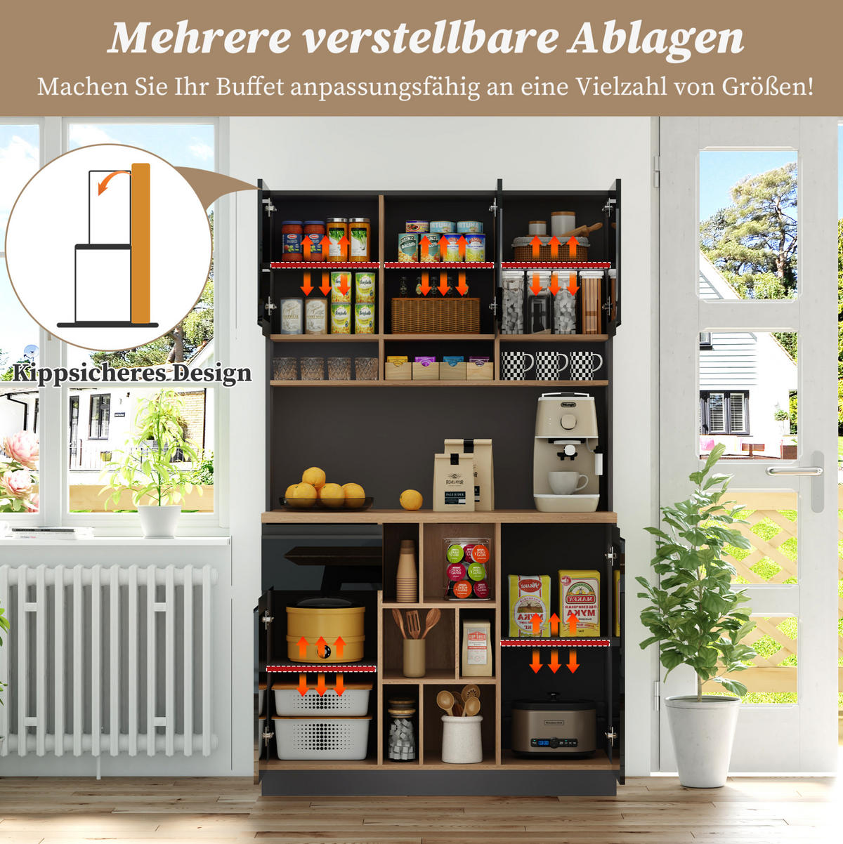 BUFFET 105/185/45 cm Anthrazit/Schwarz aus MDF mit verstellbaren Einlegeböden - Schwarz, Holzwerkstoff (45/185/105cm) - OKMYHOME