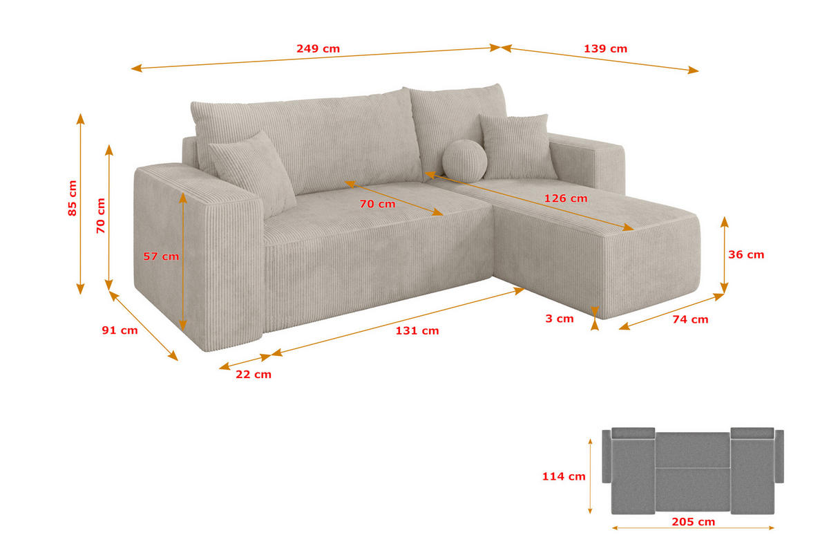 ROHOVÁ SEDAČKA s funkcí spaní, otoman vpravo SENO-L 249x139x85 krémová manšestr - černá/krémová, kompozitní dřevo/textil (249/139cm) - ALTDECOR