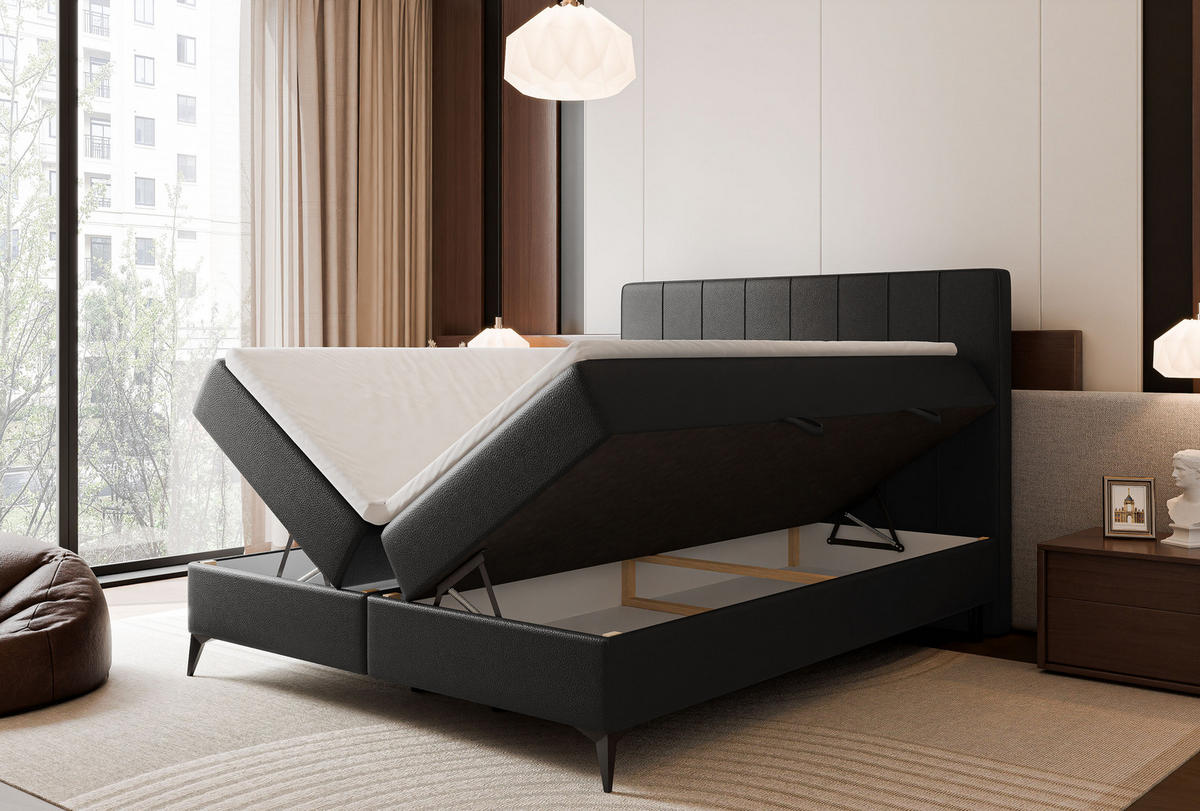 BOXBETT VERA 120x200 cm mit Matratze und Topper, Strapazierfähiges Kunstleder Schwarz - Schwarz, Kunststoff/Textil (120/200cm) - Idohome