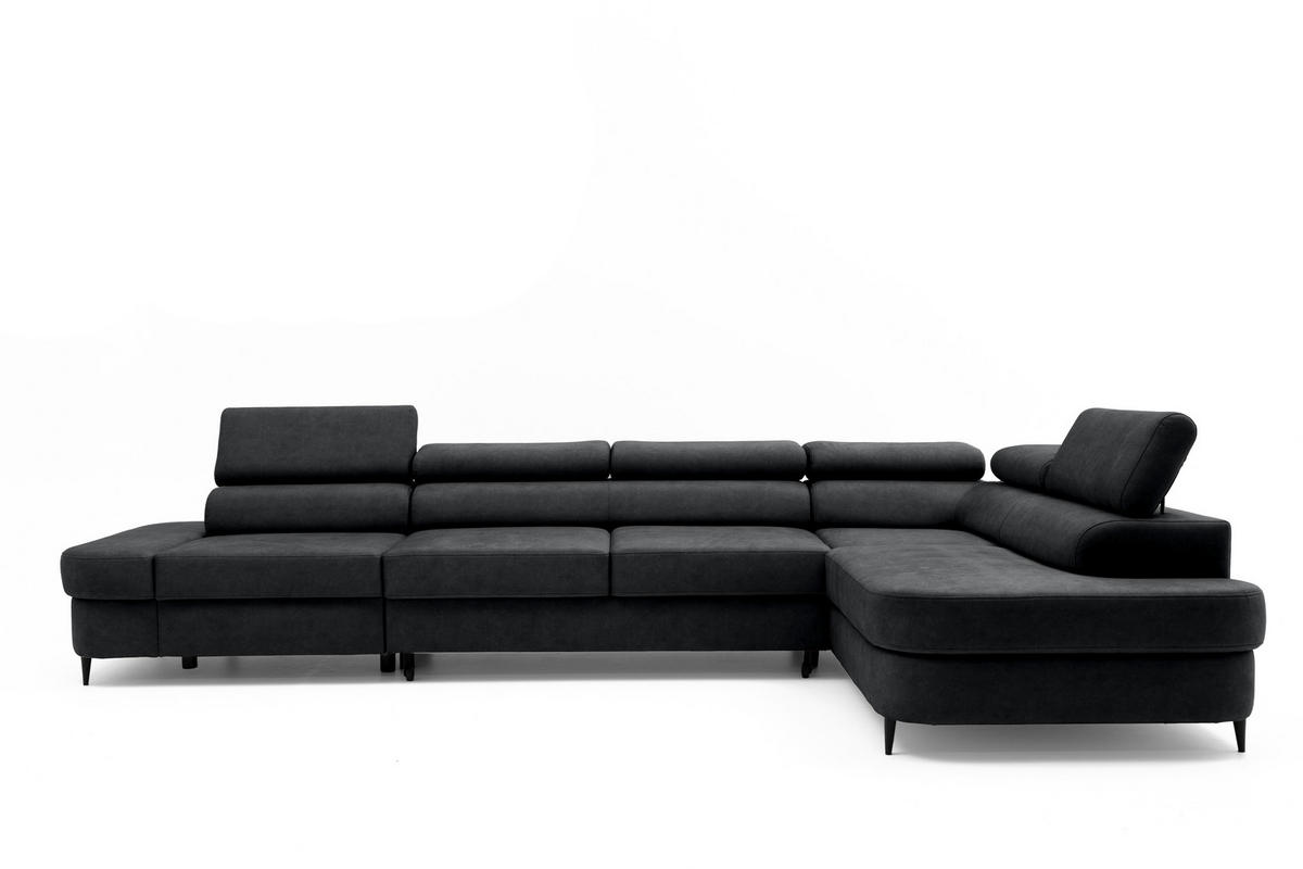 ECKSOFA PRIAM MAXI L-Form mit Schlaffunktion & Bettkasten, 6-Sitzer, 350cm, Verstellbare Kopfstützen, Ottomane Rechts - Anthrazit, Holz/Textil (350/203cm) - Muffo