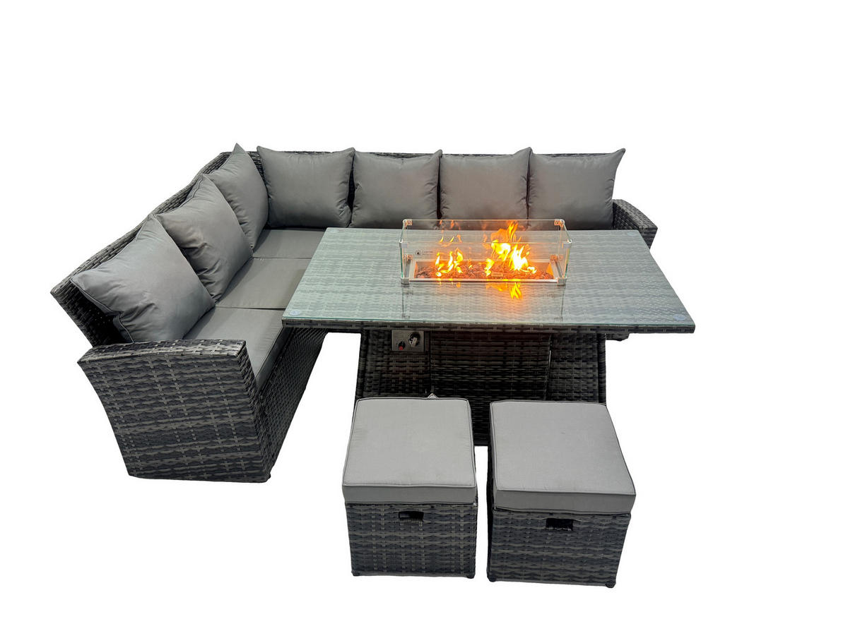 GARTENSOFA SET linke Ecke Polyrattan 8-Sitzer - Dunkelgrau/Grau, Glas/Kunststoff - Fimous