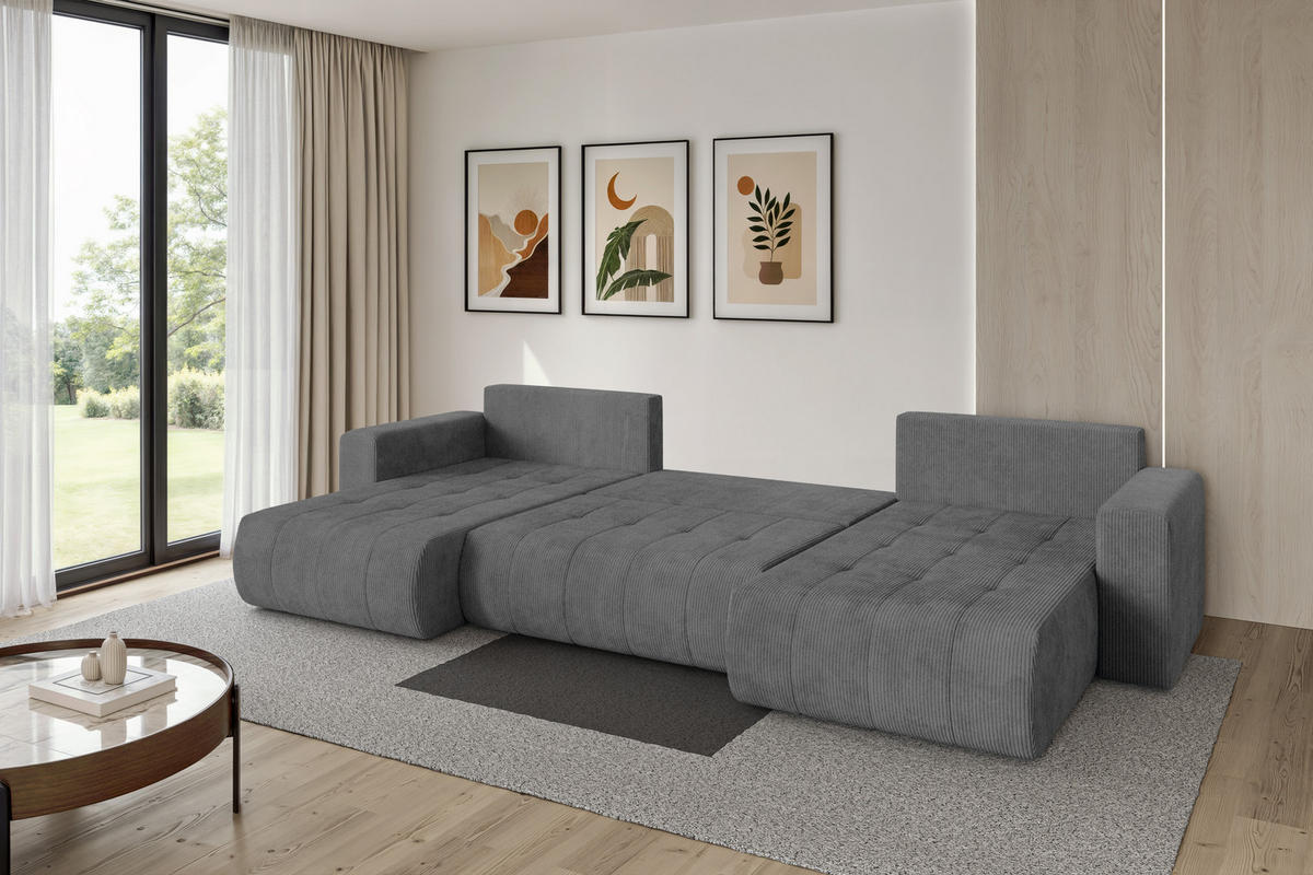 SEDACÍ SOUPRAVA DO U s funkcí spaní a úložným prostorem MILA-U 378x194x86 tmavě šedá manšestr - černá/tmavě šedá, kompozitní dřevo/textil (378/86/194cm) - ALTDECOR