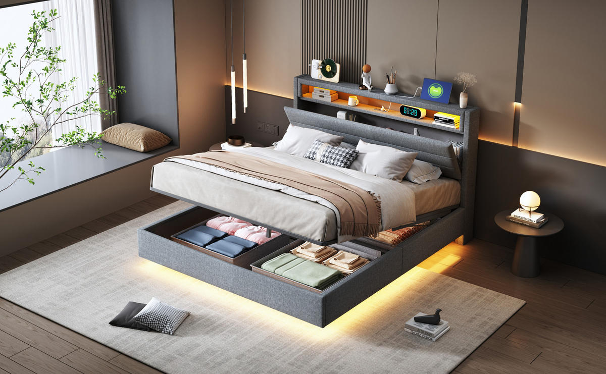 POLSTERBETT 140x200 cm LED USB Stauraum grau - Grau, Textil (140/200cm) - LEBENLANG