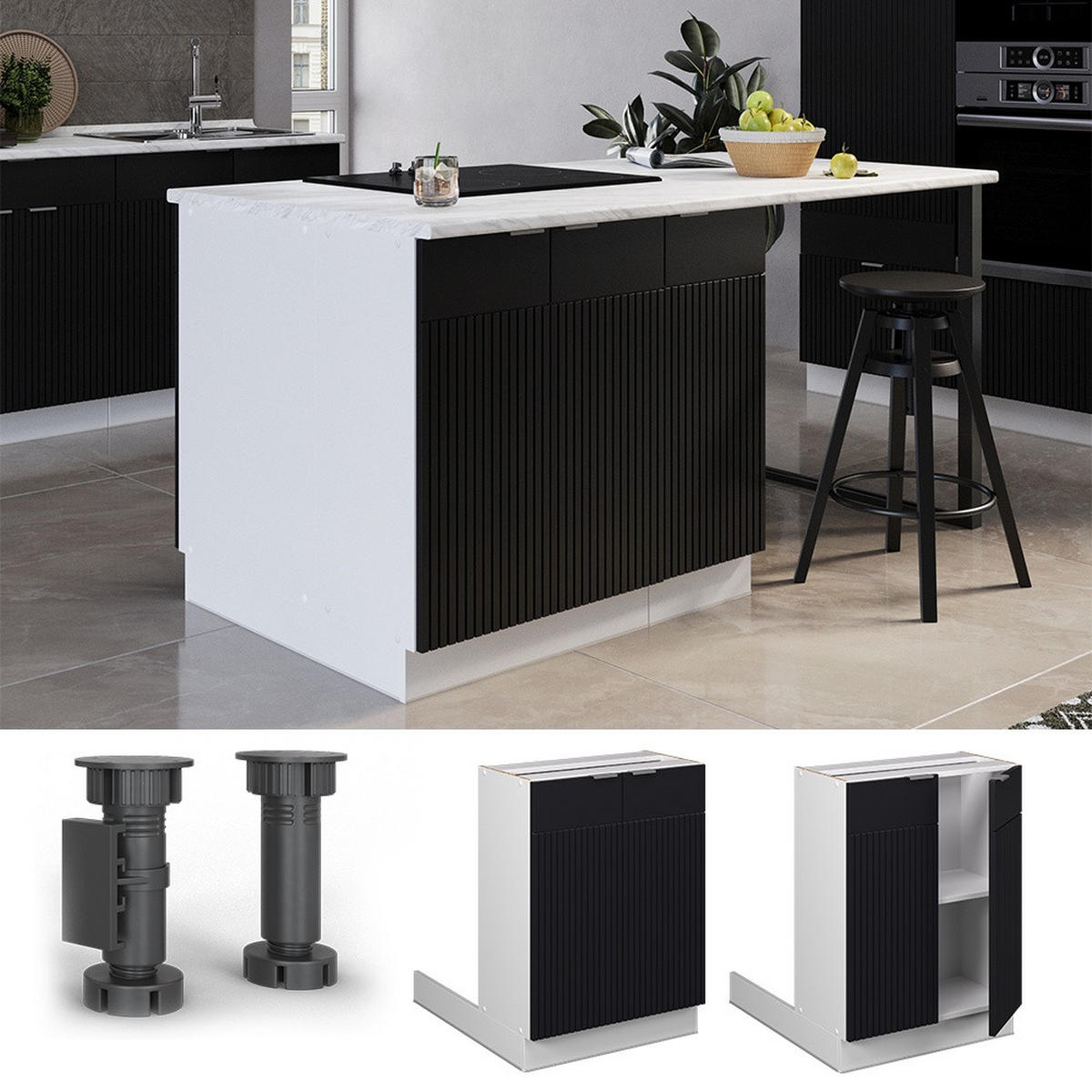 REGALINSELUNTERSCHRANK Fame-Line Schwarz gestreift 60 cm ohne Arbeitsplatte - Schwarz/Weiß, Holzwerkstoff (60/82/30cm) - Vicco
