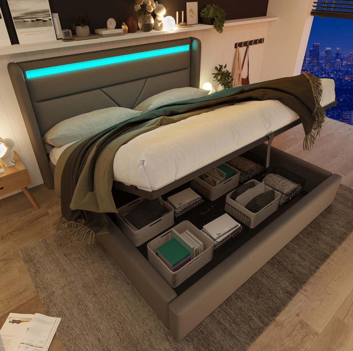 BETT mit Bettkasten und LED 160x200 cm PU Grau - Grau, Metall (160/200cm) - Meubliv