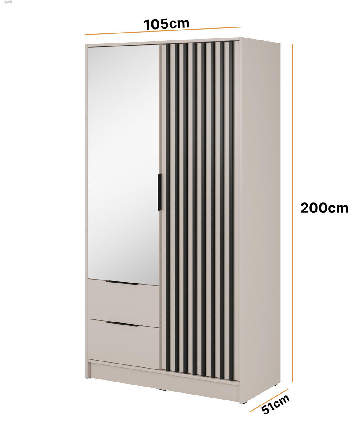 KLEIDERSCHRANK Stilo in Kaschmir, zweitürig, mit Spiegel und Lamellen an der Vorderseite - Kaschmir/Schwarz, Holzwerkstoff/Kunststoff (105/200/51cm) - Ravio