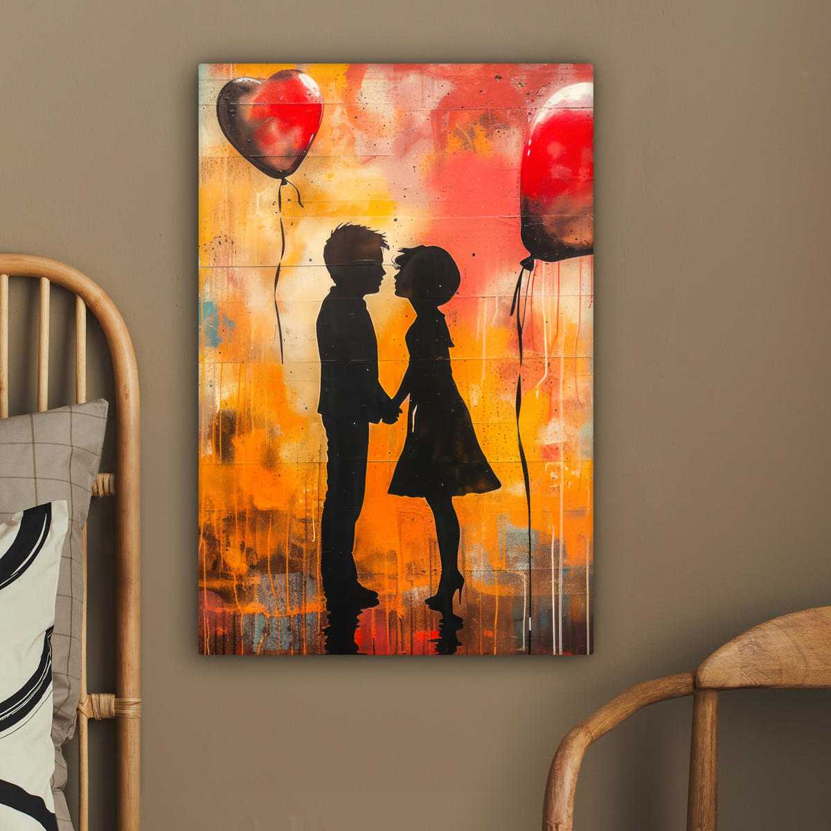 LEINWANDBILD Straßenkunst - Liebe - Graffiti - Kunst - Banksy 60x90 cm - Orange, Textil (60/90cm) - MuchoWow