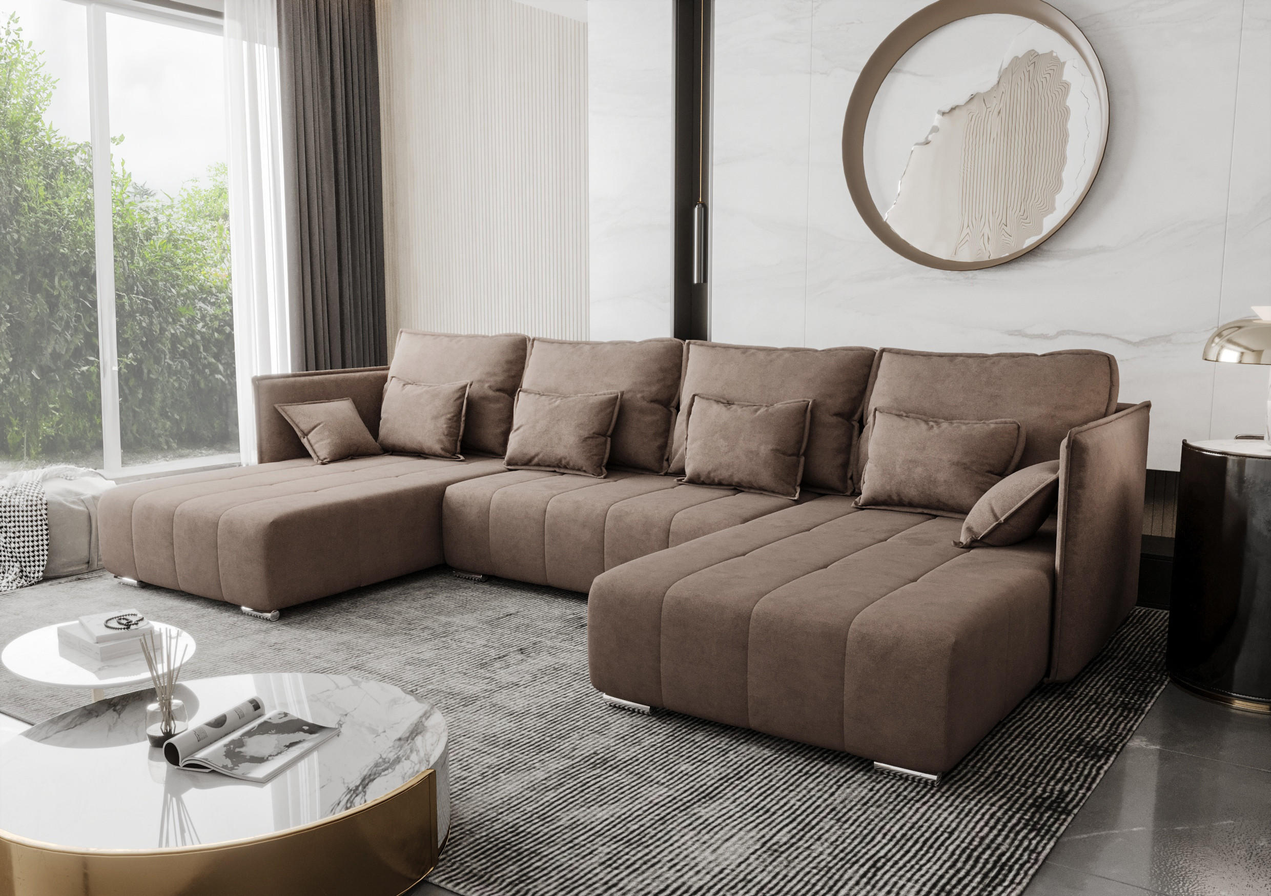 WOHNLANDSCHAFT Florinna Hellbraun 345/182/87 cm mit Schlaffunktion - Hellbraun/Chromfarben, Textil/Metall (345/87/182cm) - AX Living