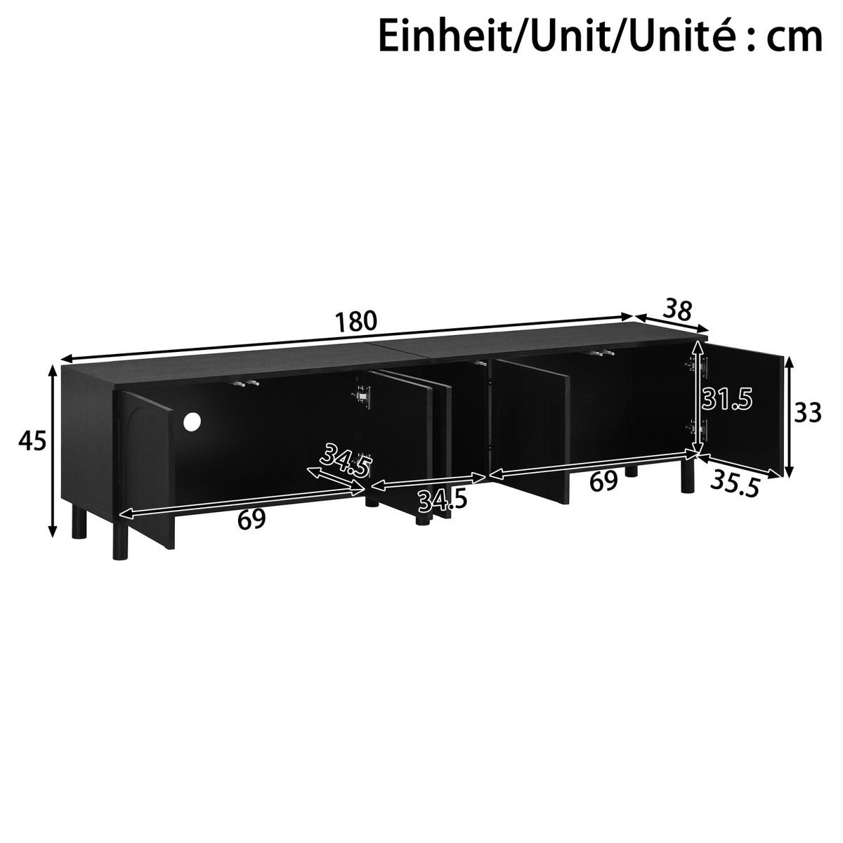TV-LOWBOARD 180 x 38 x 45 cm aus MDF/Spanplatte, 5 Türen, Metallfüße, Schwarz - Schwarz, Holzwerkstoff (180/45/38cm)