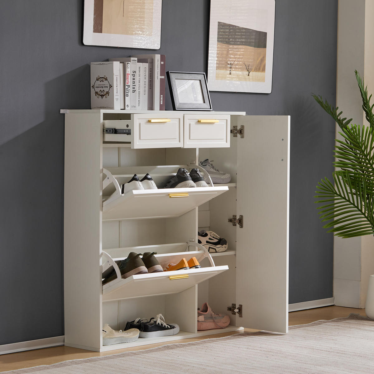 SCHUHSCHRANK mit verstellbaren Regalen und Schubladen, Weiß - Weiß, Holzwerkstoff (24/107/95cm) - Urban Meuble