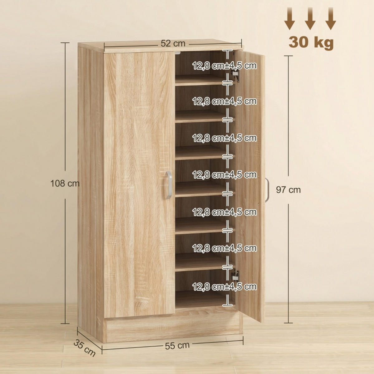 SCHUHSCHRANK DE-38045 55/35/108 cm mit 6 verstellbaren Regalböden Naturholz - Naturfarben, Holzwerkstoff (55/108/35cm) - ComfortXL