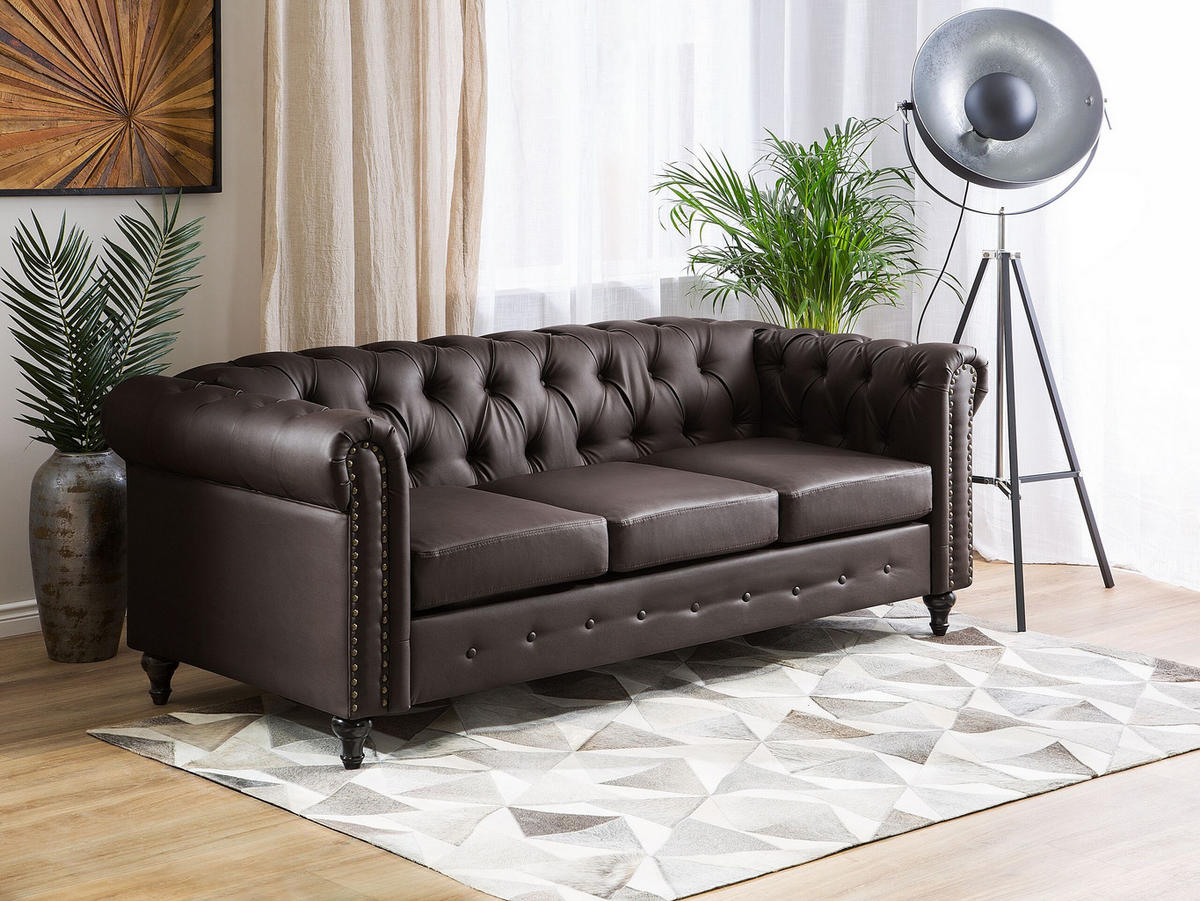 3-SITZER-SOFA Kunstleder Braun Chesterfield - Dunkelbraun, Kunststoff/Textil (208/78/88cm) - Beliani