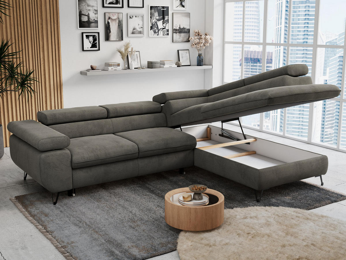 ECKSOFA PETER L Dunkelgrau Velvet - Rechts Seite - Dunkelgrau/Schwarz, Textil/Metall (273/208cm) - MKS