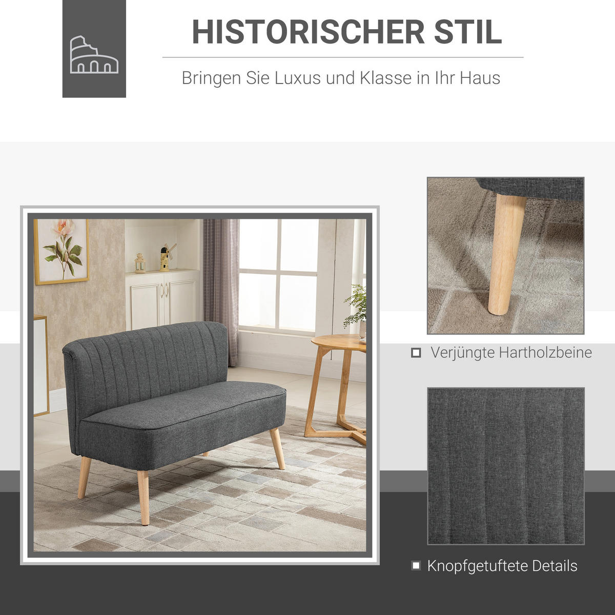 SOFA 2-Sitzer Couch Stoffsofa Sitzmöbel Polstersofa Loungesofa breit Hellgrau - Hellgrau/Naturfarben, Holz/Textil (56.5/77/117cm) - HOMCOM