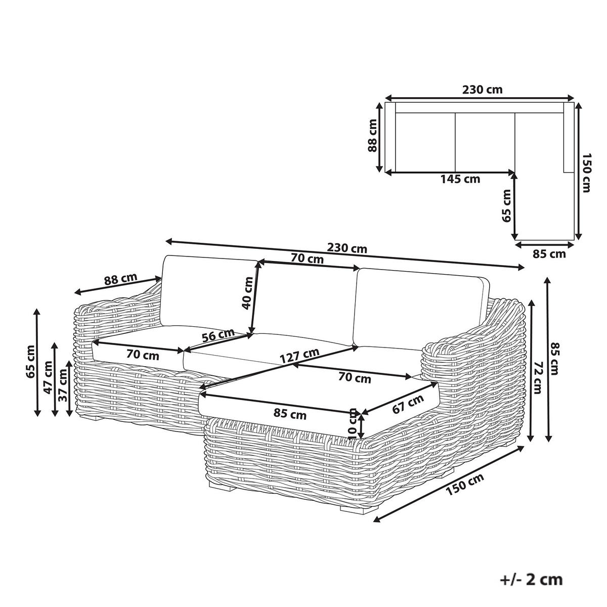 GARTEN-ECKSOFA 3-Sitzer Beige Briatico - Beige/Naturfarben, Naturmaterialen (230/85/150cm) - Beliani