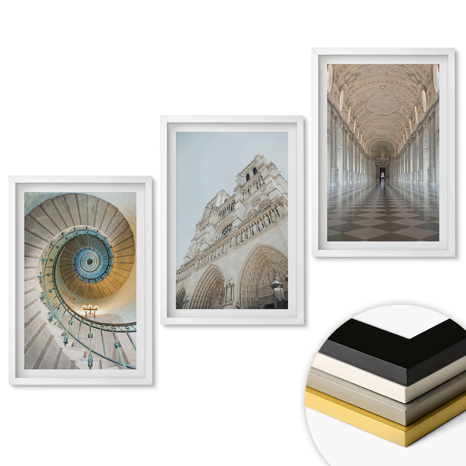 WANDBILDER 3er-Set - 40x60 cm Weißer Rahmen - Wendeltreppe der Kathedralenfassade - Weiß, Kunststoff (40/60cm) - ArtPrintCave