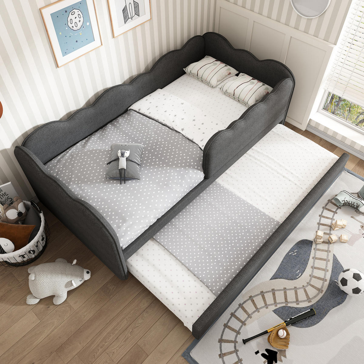 ČALÚNENÁ posteľ 90/190 cm, ľan sivá, s výsuvným lôžkom - sivá, textil (90/190cm) - BEAOK