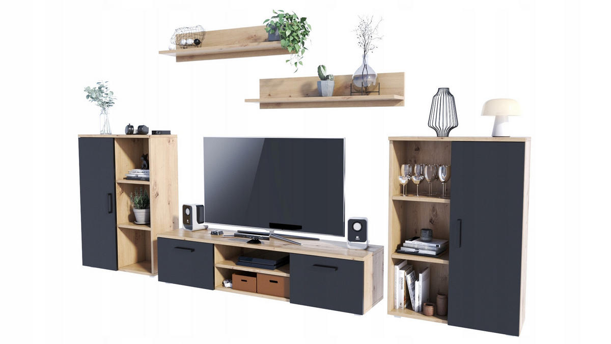 WOHNWAND Herkules, 5-teilig Artisan Eiche-Schwarz - Multicolor, Holzwerkstoff (150/35/40cm) - Matkam Möbel