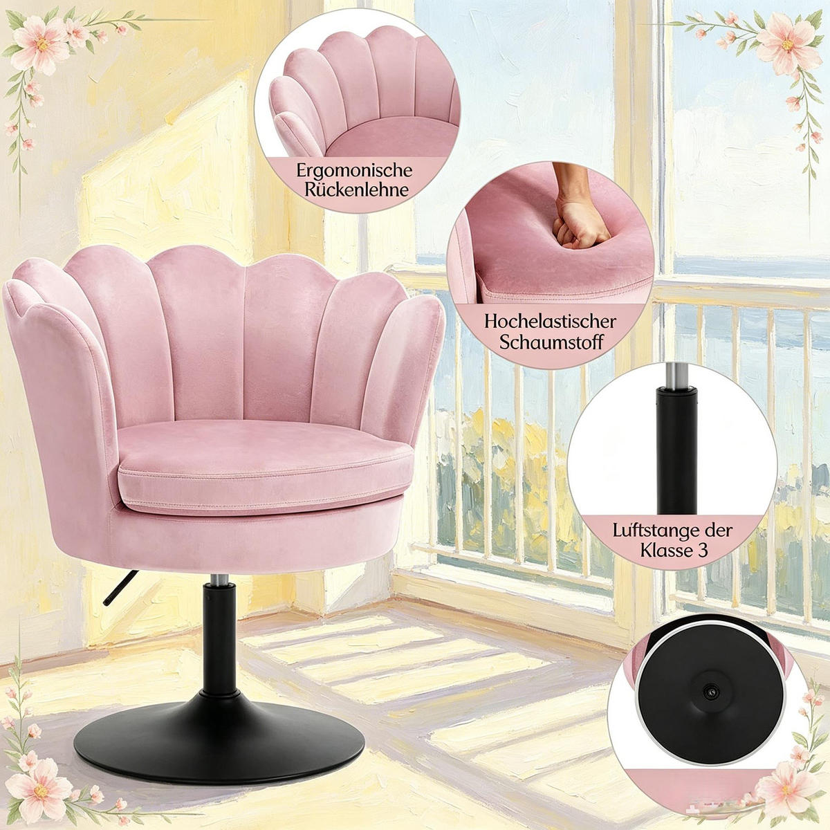 BARHOCKER Blumenform mit 360°-Drehung und Höhenverstellung, DE-42163, Braun - Pink, Metall (65/83/61.5cm) - ComfortXL