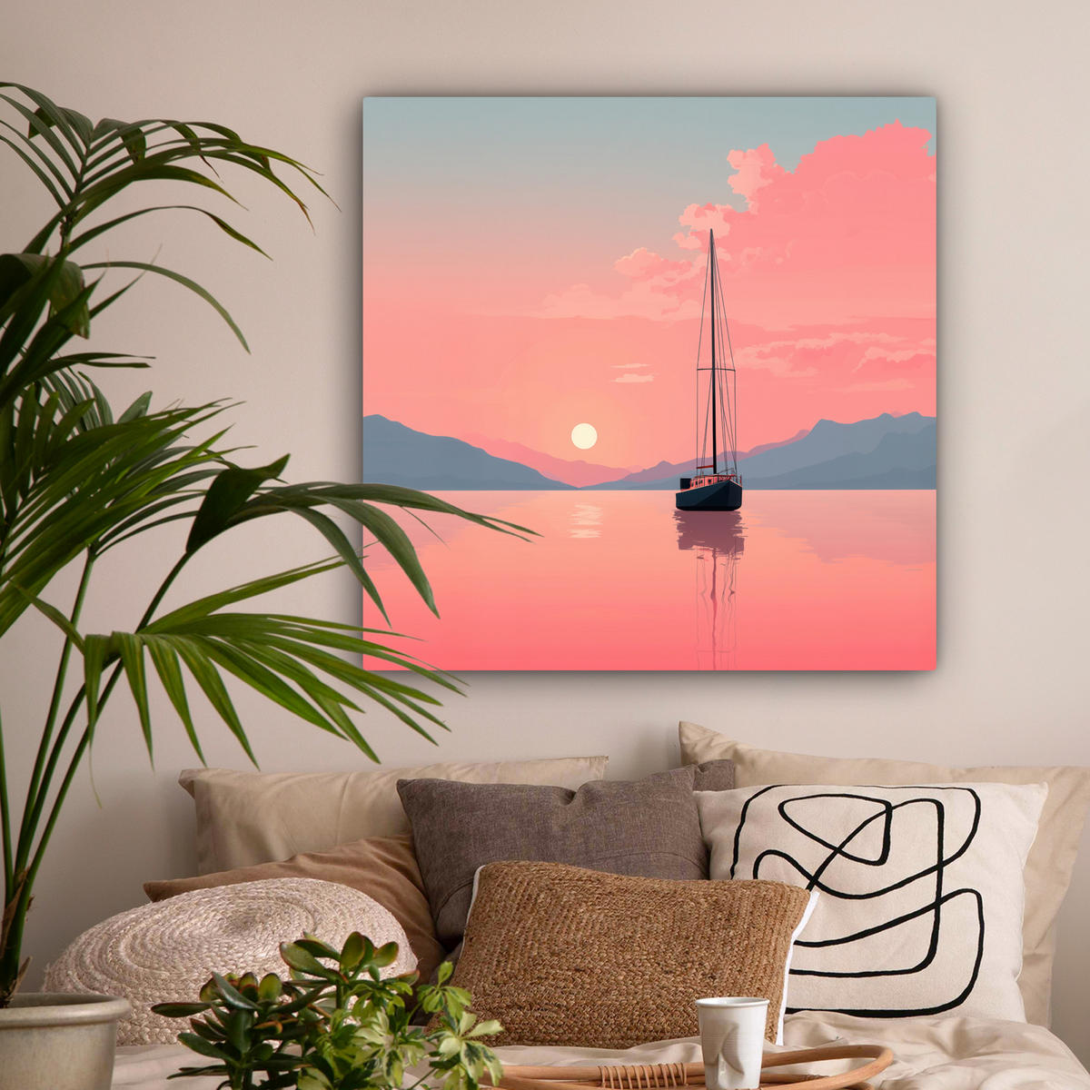 LEINWANDBILD Segelboot - Rosa Meer - Sonnenuntergang - Berge Deko Groß 90x90 cm - Rosa, Textil (90/90cm) - MuchoWow