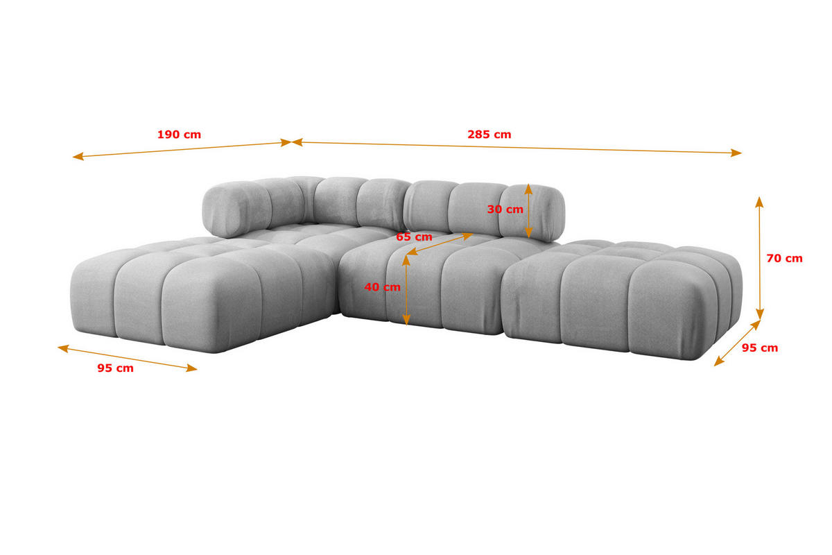 ECKSOFA modulares Sofa Kerru-L1 - 285x190x70 cm Hellgrau Velours - Hellgrau, Holzwerkstoff/Textil (285/190cm) - ALTDECOR