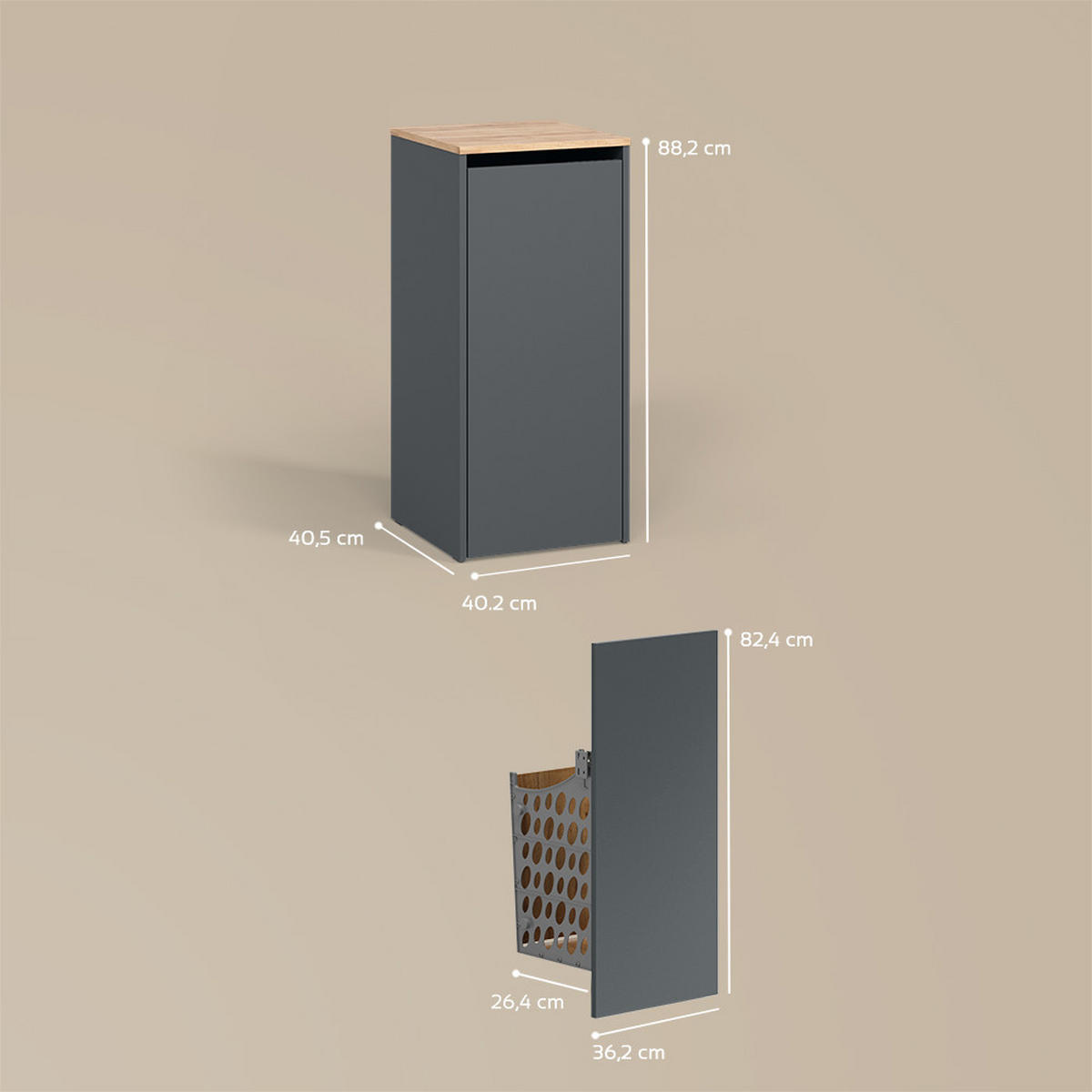 BADSCHRANK Paolina Anthrazit/Goldkraft Eiche 40.2 x 88.2 cm mit Wäschkorb - Anthrazit/Eiche Wotan, Holzwerkstoff (40.2/88.2/40.5cm) - Livinity®