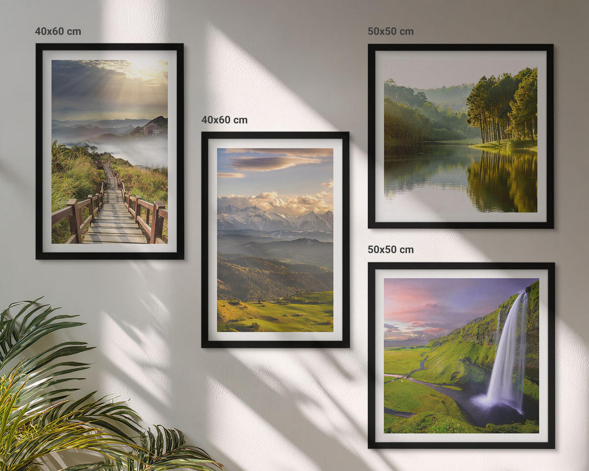 BILDER SET 4er Set - 50x50 cm & 40x60 cm Schwarzer Rahmen - Berglandschaften Wasserfall - Schwarz, Kunststoff (50/50cm) - TULUP