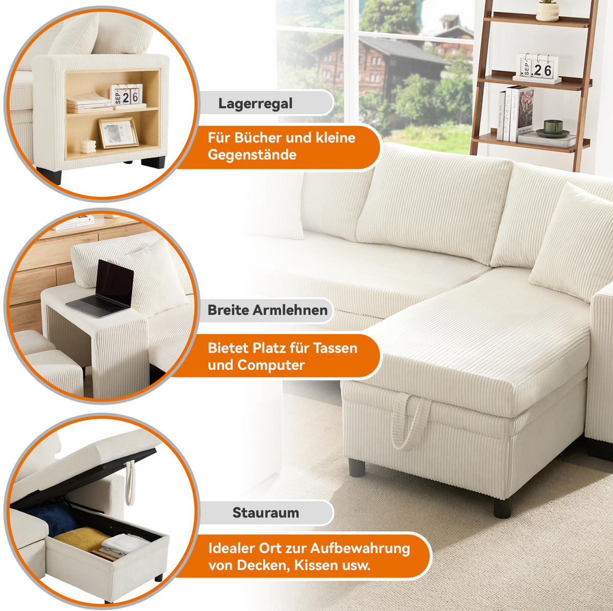 ECKSCHLAFSOFA Cord mit Stauraum und USB-Anschluss Beige 231/131,5/84 cm - Beige, Textil (84/131.5cm) - Redom