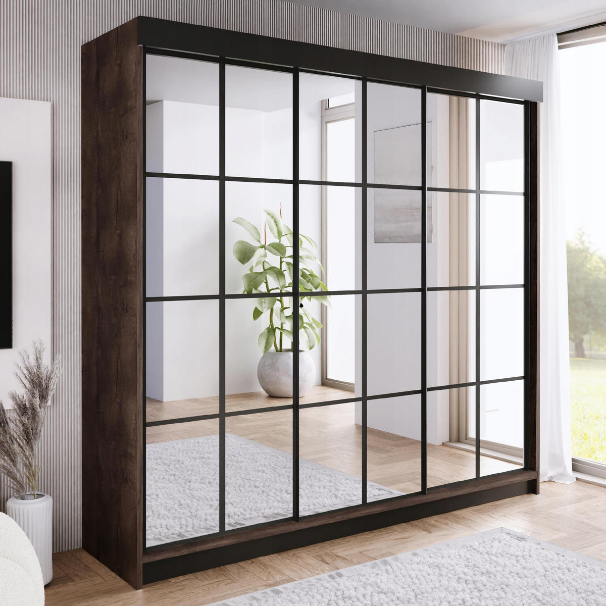 SCHIEBETÜRENSCHRANK ARI 3 mit Spiegel 250 - Dunkle Esche - Eschefarben, Holzwerkstoff (250/200/62cm) - Kier Furniture